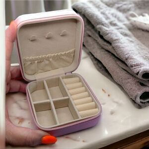 Pink Travel Jewelry Box Faux Leather Zipper Organizer Case 4" Portable Square